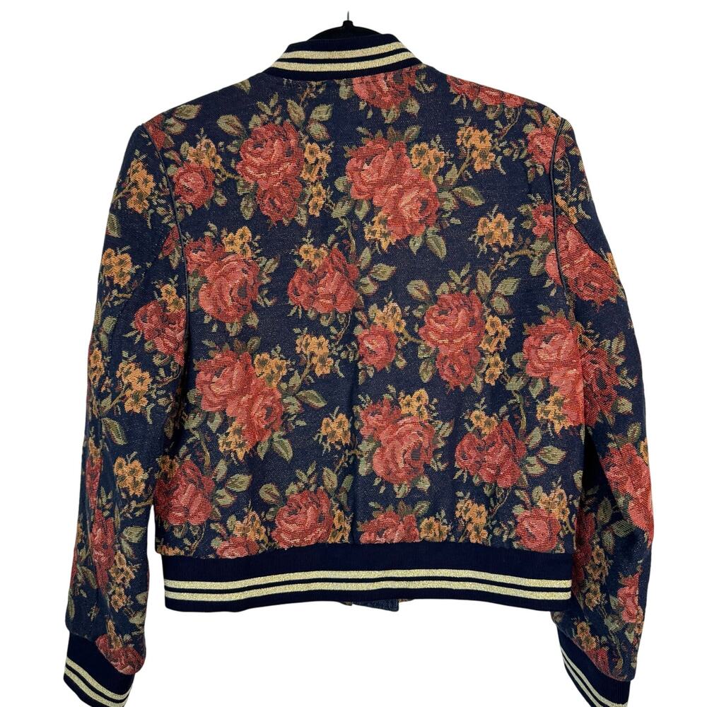 JOA Long Sleeve Floral Bomber Jacket Zip Up Navy Blue Lined Pockets Womens M - Picture 7 of 11